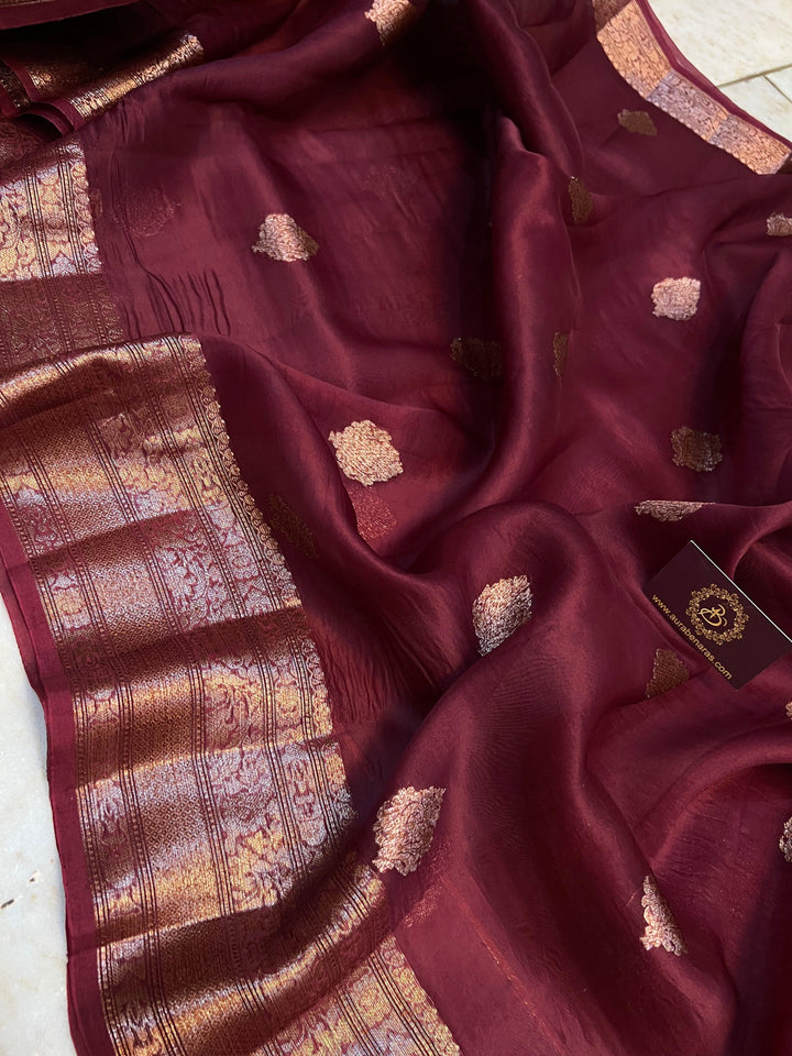 Brown Kora Silk Handloom Banarasi Saree with Kadhwa Motifs