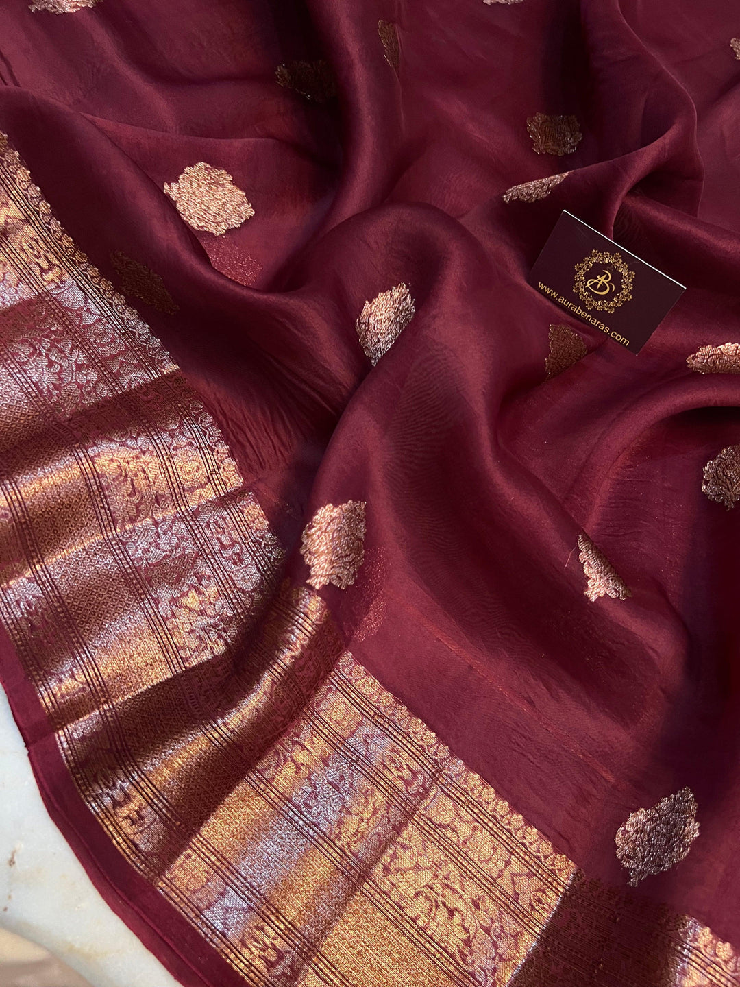Brown Kora Silk Handloom Banarasi Saree with Kadhwa Motifs