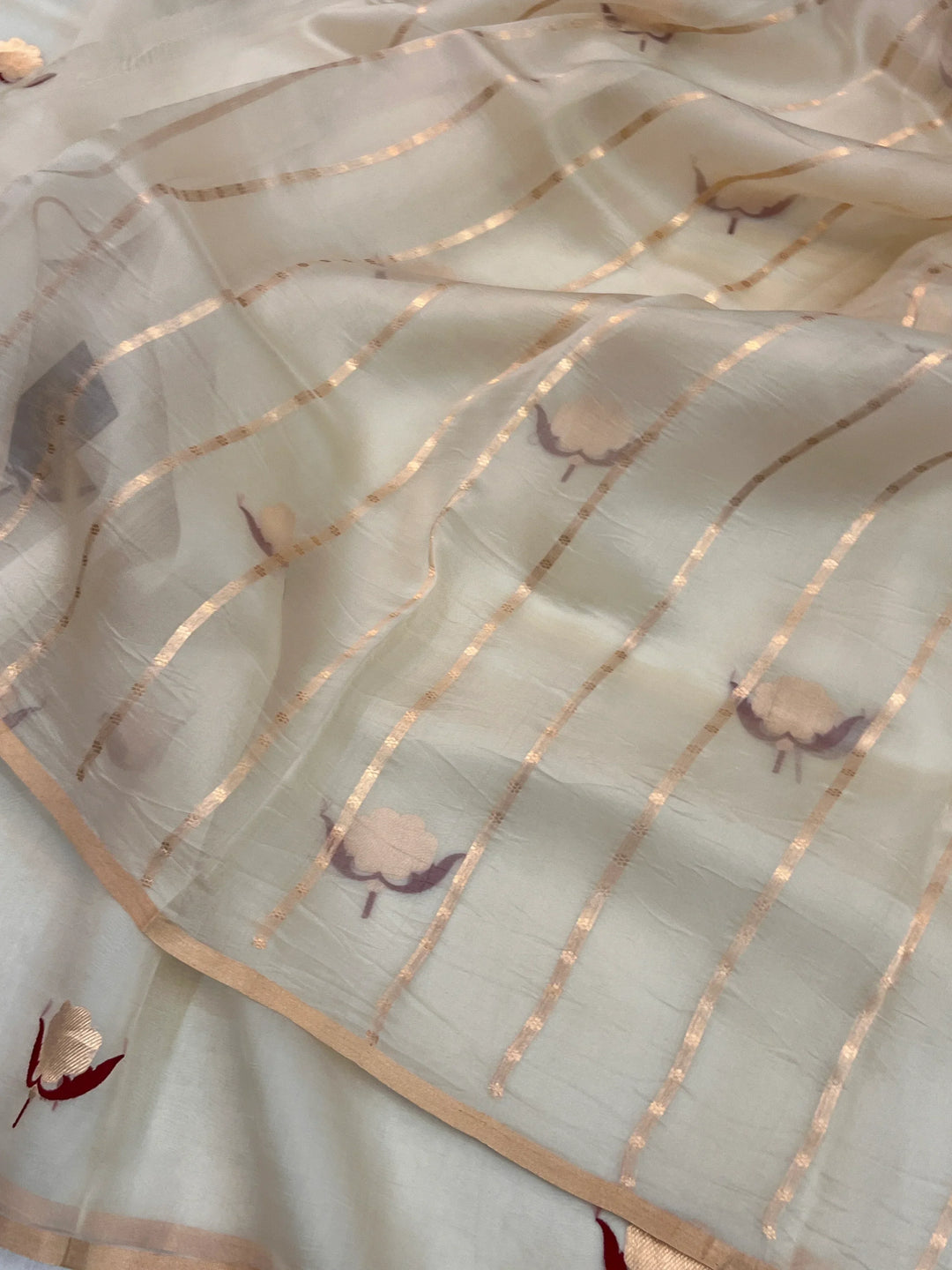 Cream Pure Kora Silk Handloom Banarasi Saree