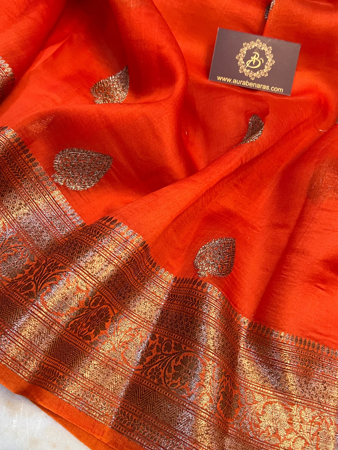 Orange Kora Silk Handloom Banarasi Saree with Kadhwa Motifs