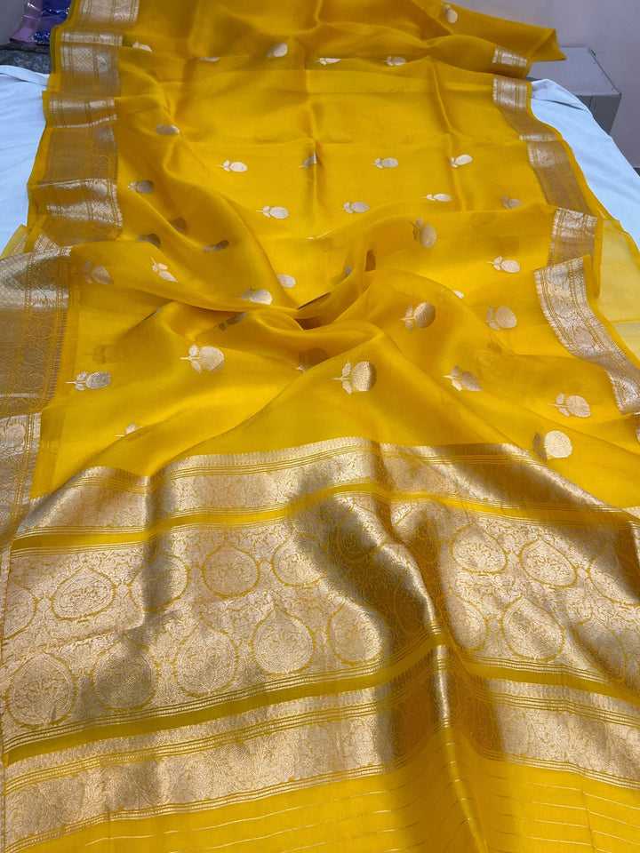 Yellow Banarasi Handloom Kora Silk Saree
