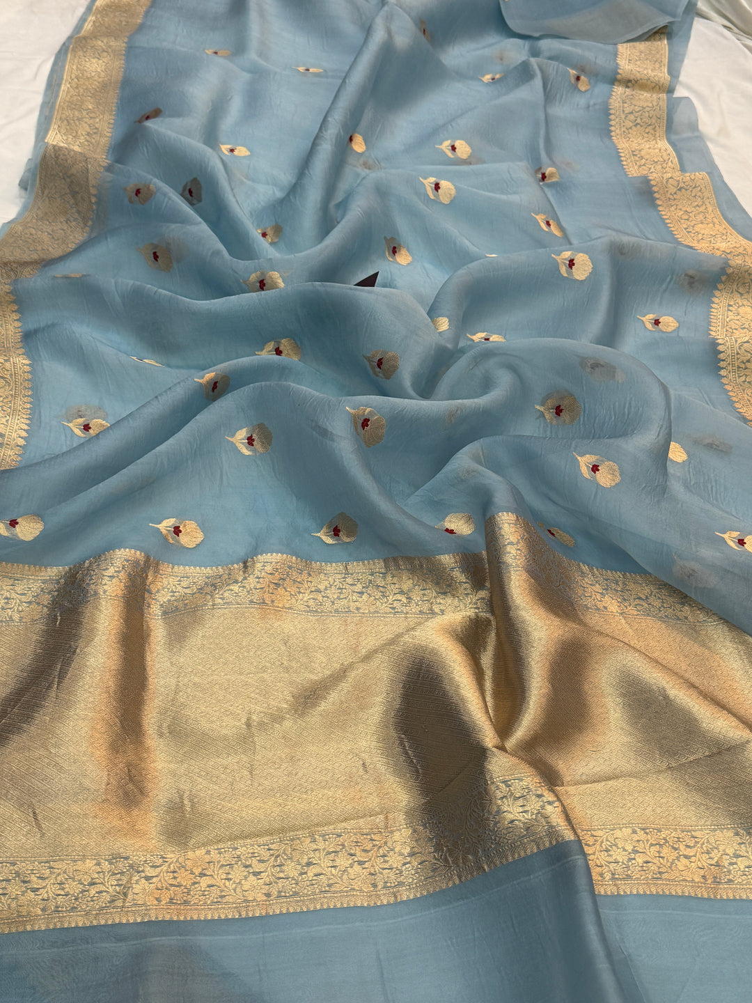 Sky Blue Pure Kora Silk Handloom Banarasi Saree