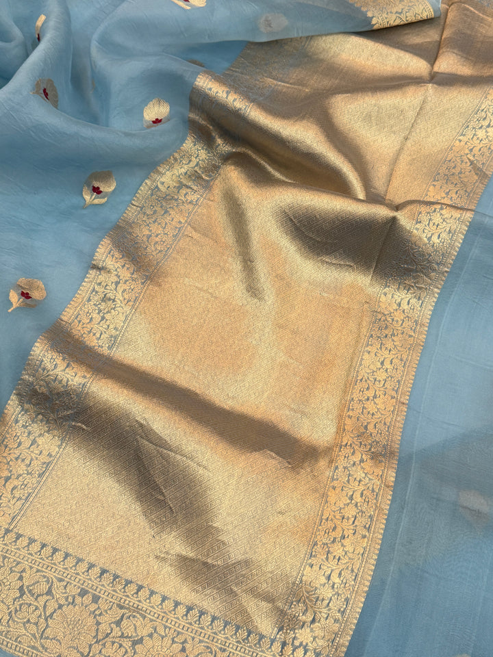 Sky Blue Pure Kora Silk Handloom Banarasi Saree