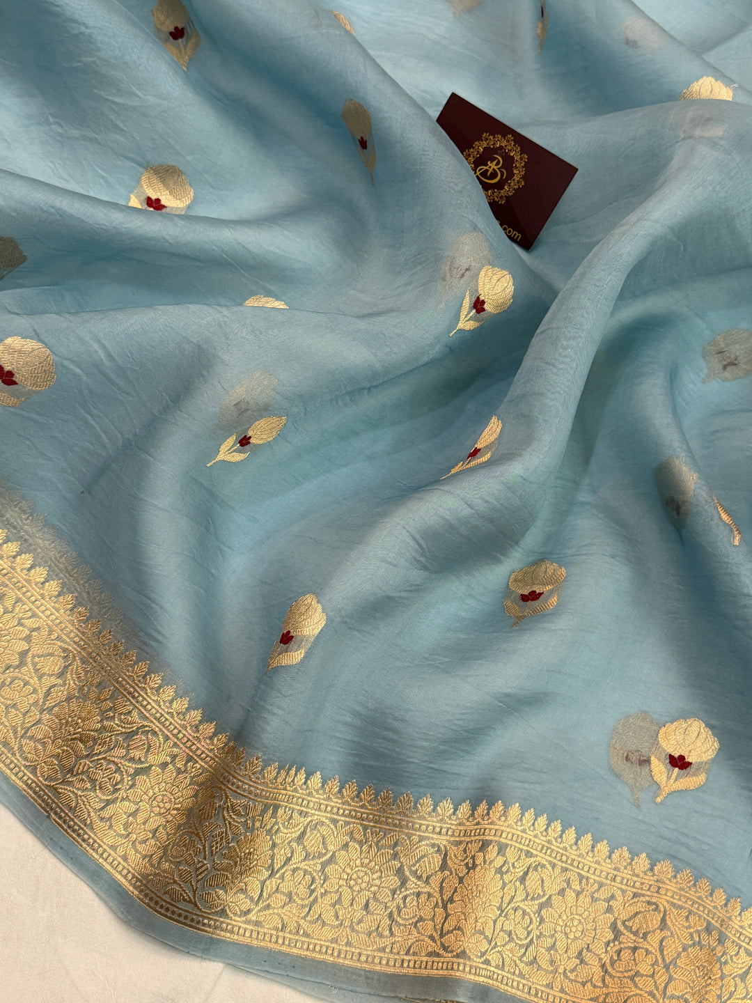 Sky Blue Pure Kora Silk Handloom Banarasi Saree