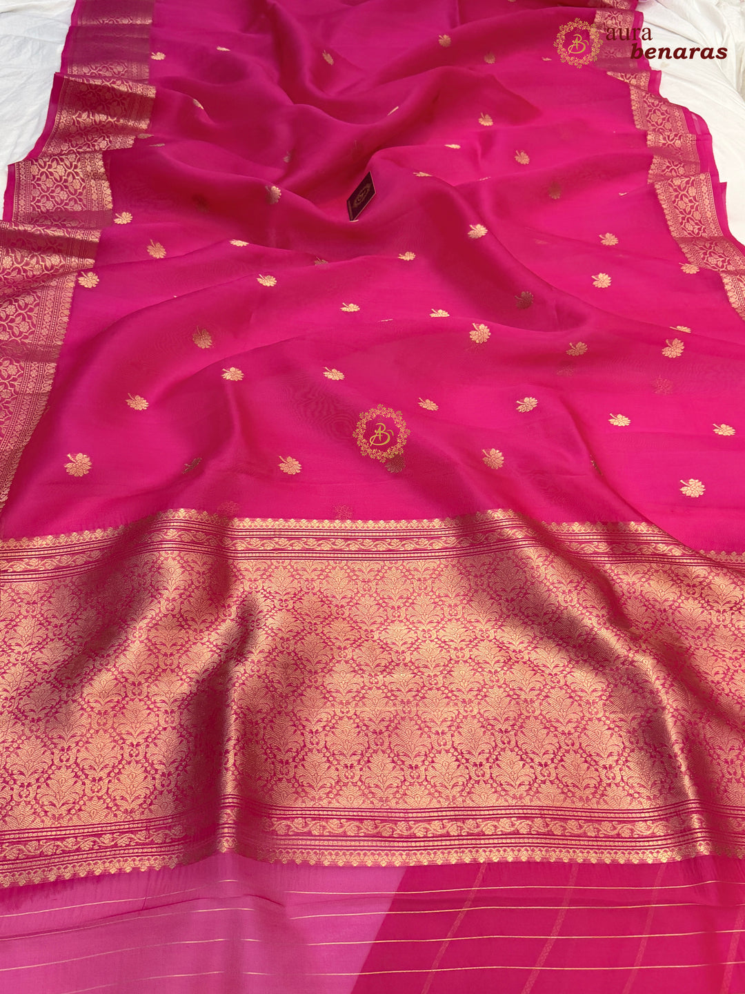 Hot Pink Banarasi Kora Organza Saree with Gold Zari Work
