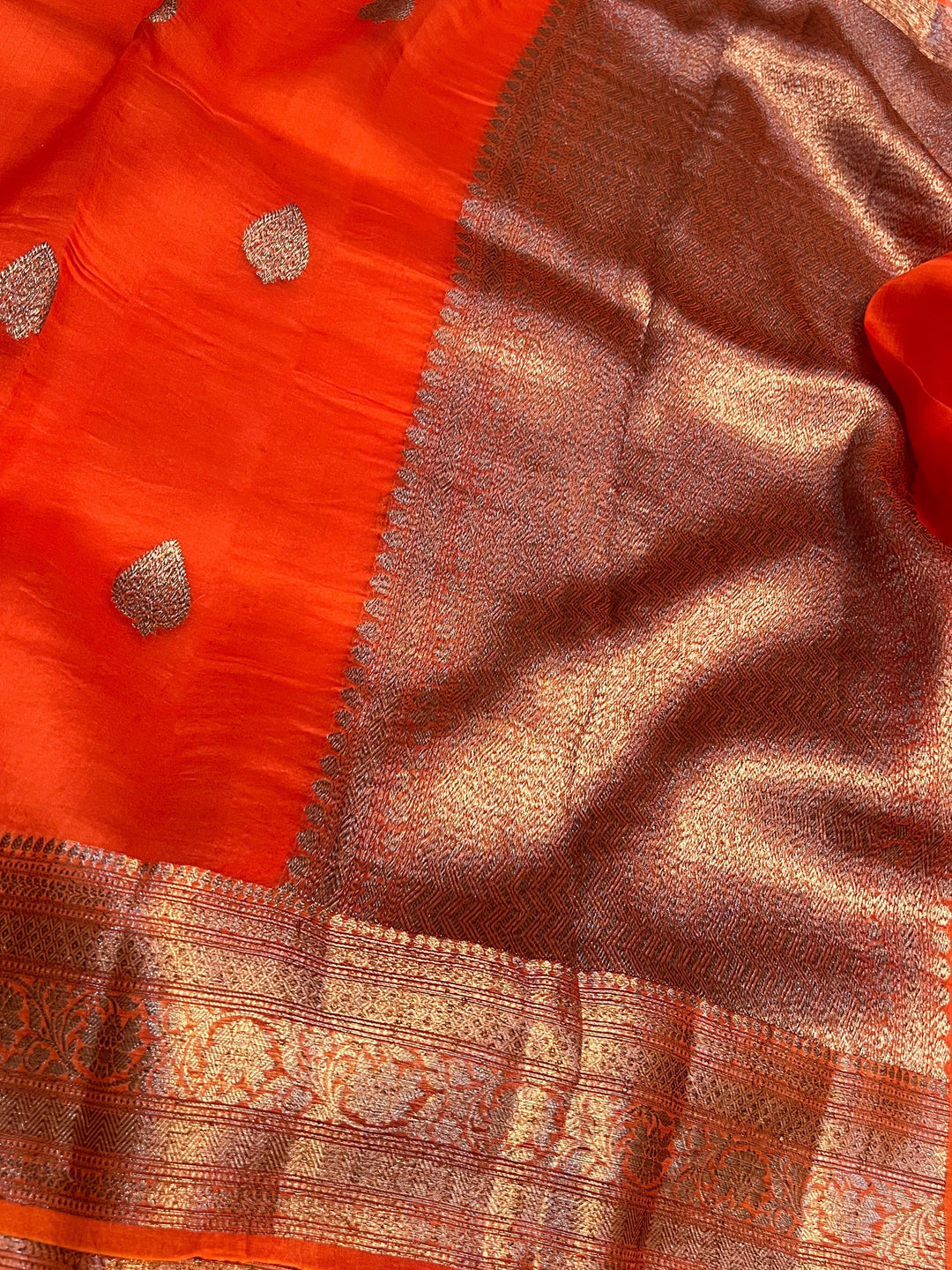 Orange Kora Silk Handloom Banarasi Saree with Kadhwa Motifs