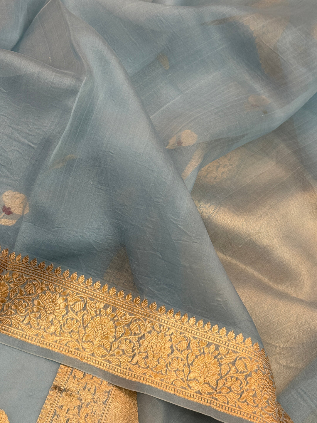 Sky Blue Pure Kora Silk Handloom Banarasi Saree