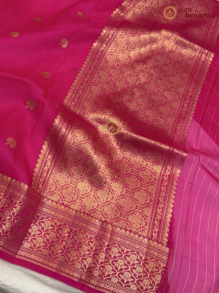 Hot Pink Banarasi Kora Organza Saree with Gold Zari Work