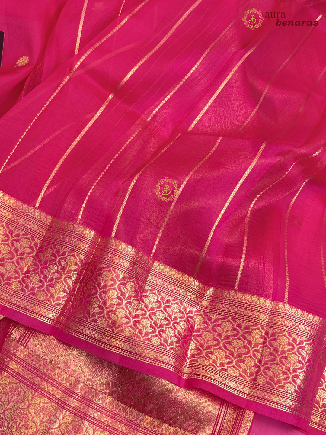 Hot Pink Banarasi Kora Organza Saree with Gold Zari Work