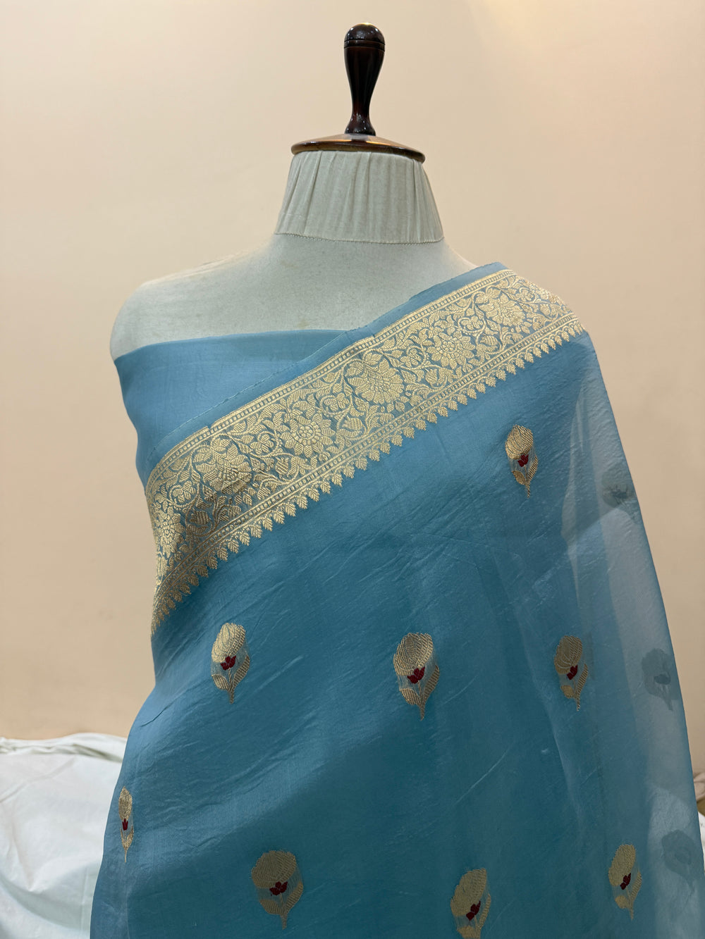Sky Blue Pure Kora Silk Handloom Banarasi Saree