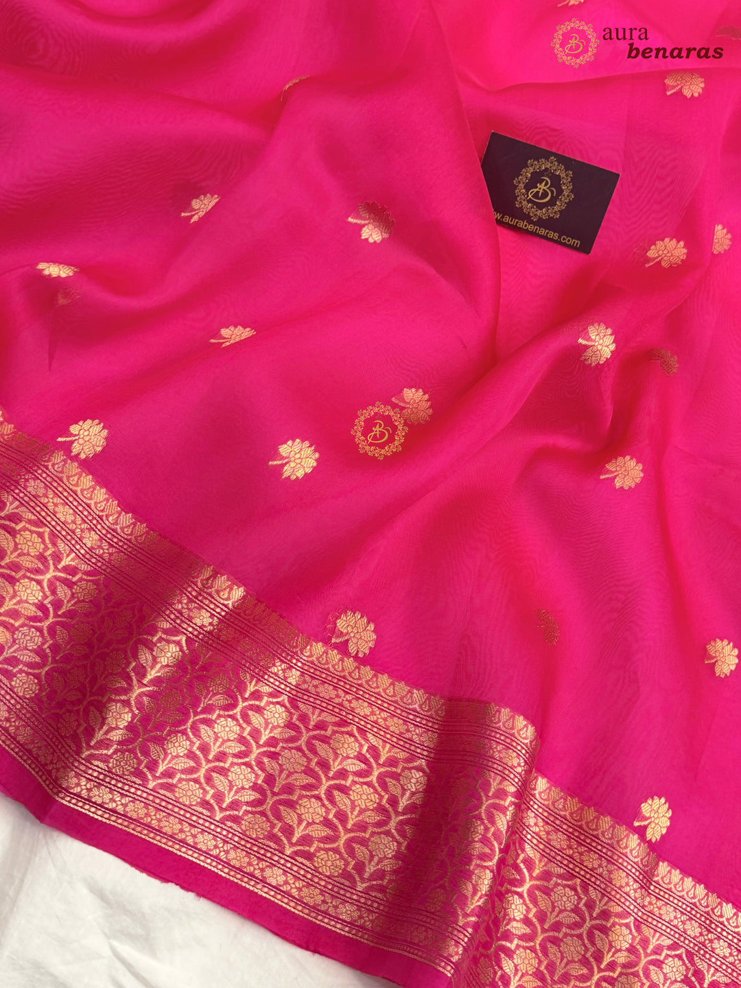 Hot Pink Banarasi Kora Organza Saree with Gold Zari Work