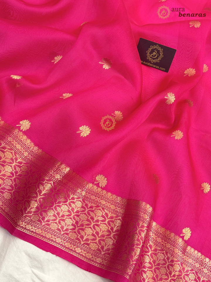 Hot Pink Banarasi Kora Organza Saree with Gold Zari Work