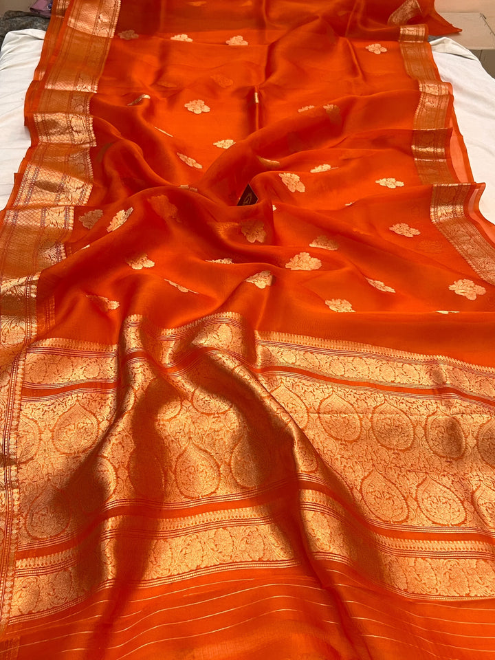 Orange Banarasi Handloom Kora Silk Saree