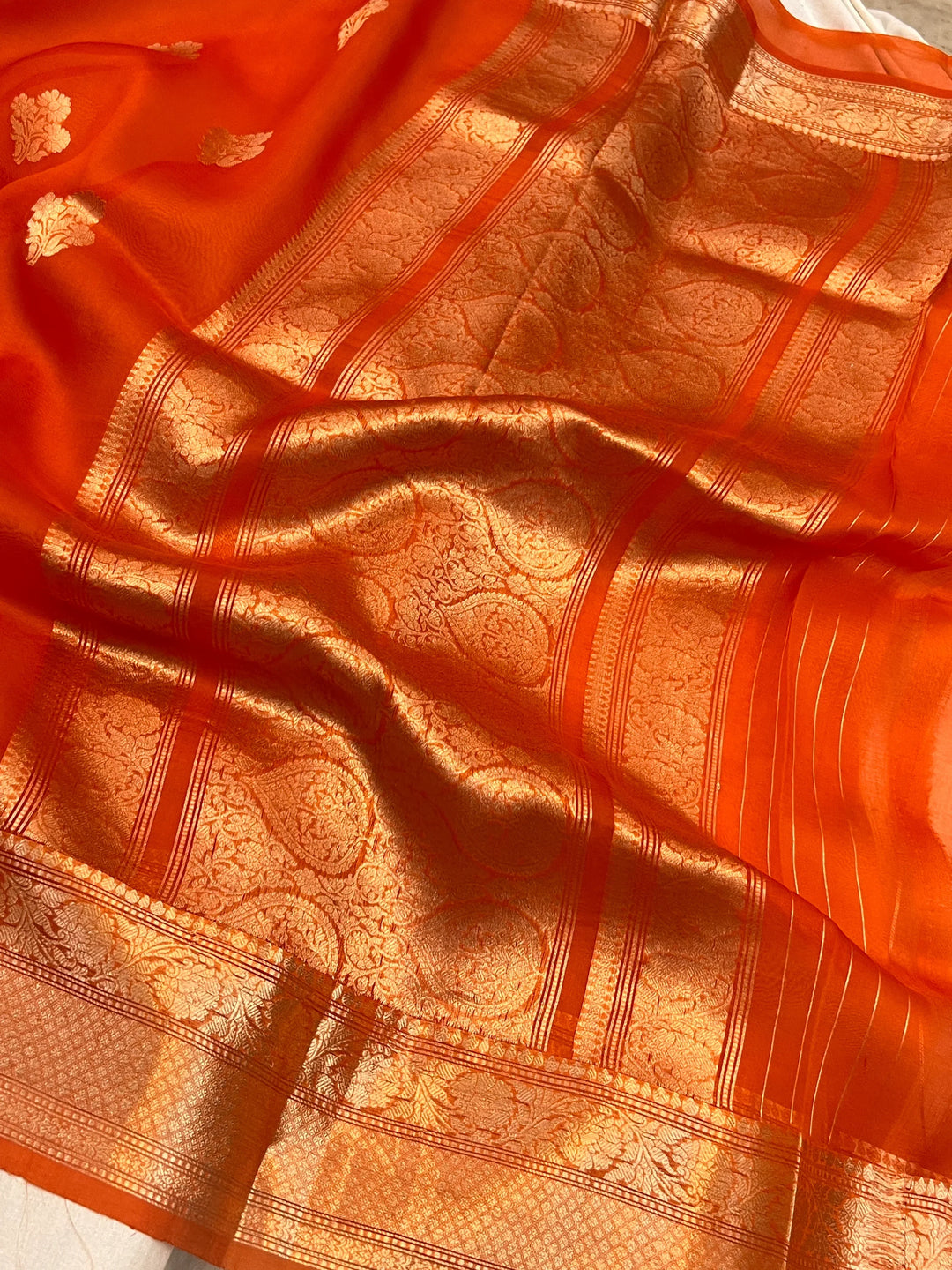 Orange Banarasi Handloom Kora Silk Saree