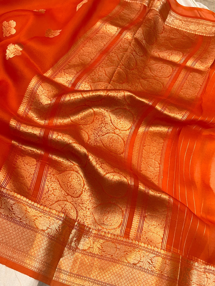 Orange Banarasi Handloom Kora Silk Saree