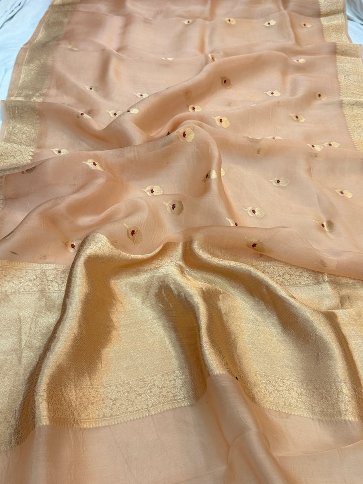 Pastel Peach Pure Kora Silk Handloom Banarasi Saree