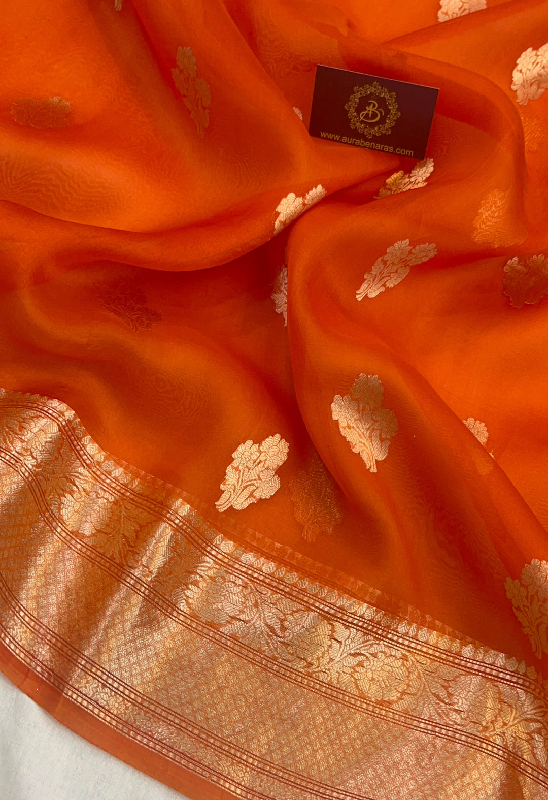 Orange Banarasi Handloom Kora Silk Saree