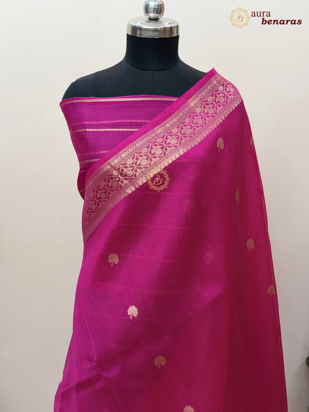 Hot Pink Banarasi Kora Organza Saree with Gold Zari Work