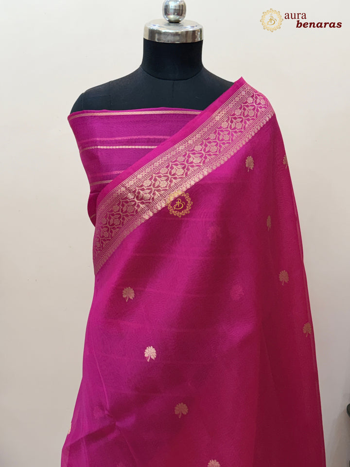 Hot Pink Banarasi Kora Organza Saree with Gold Zari Work
