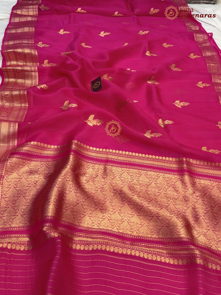 Hot Pink Banarasi Kora Organza Saree with Gold Zari Work