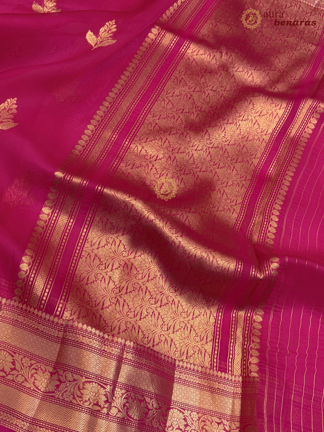 Hot Pink Banarasi Kora Organza Saree with Gold Zari Work