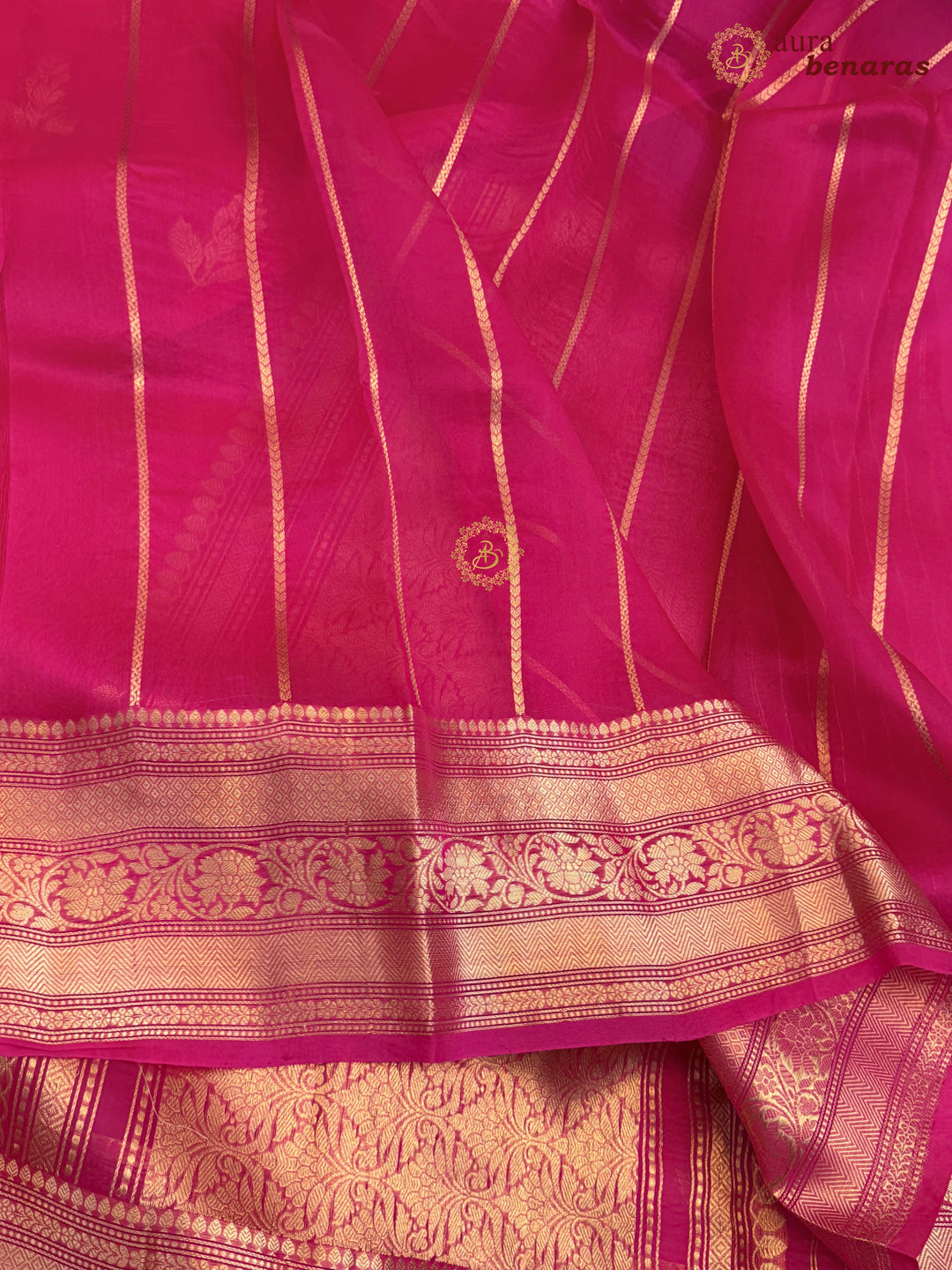 Hot Pink Banarasi Kora Organza Saree with Gold Zari Work