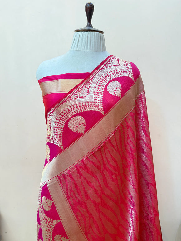 Rani Pink Pure Katan silk Handloom Banarasi Saree
