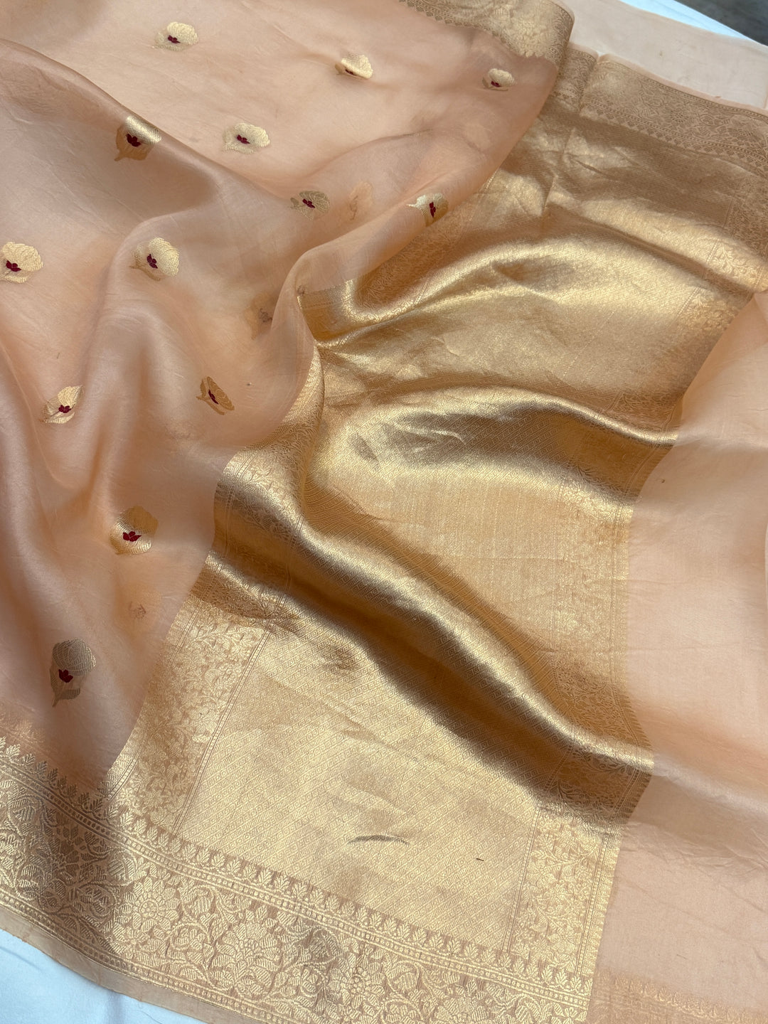 Pastel Peach Pure Kora Silk Handloom Banarasi Saree