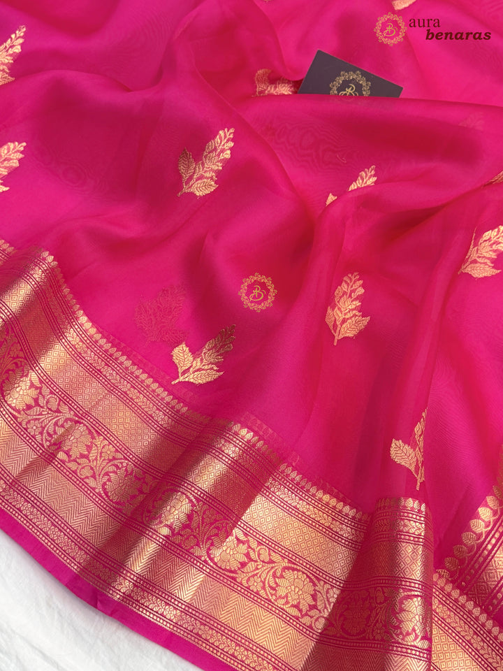 Hot Pink Banarasi Kora Organza Saree with Gold Zari Work