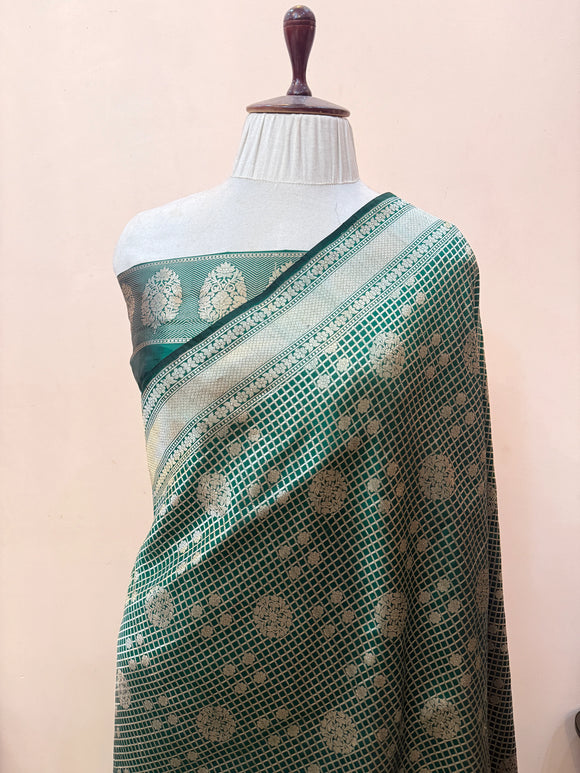 Bottle Green Pure Katan silk Handloom Banarasi Saree