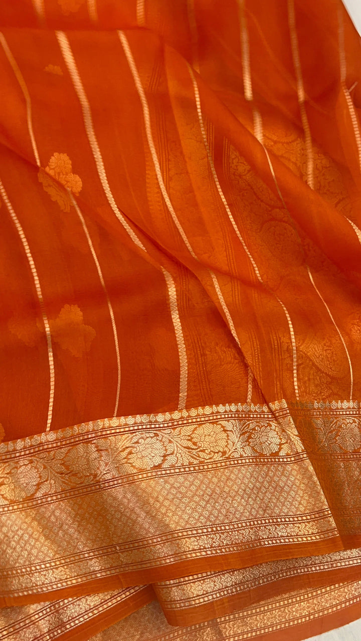 Orange Banarasi Handloom Kora Silk Saree