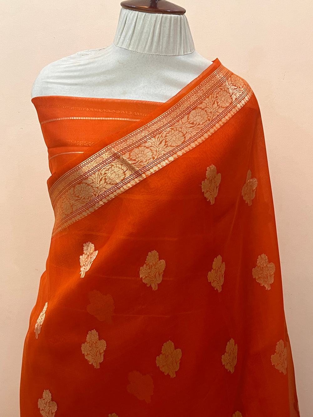Orange Banarasi Handloom Kora Silk Saree