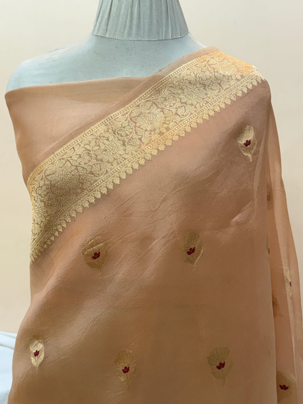 Pastel Peach Pure Kora Silk Handloom Banarasi Saree