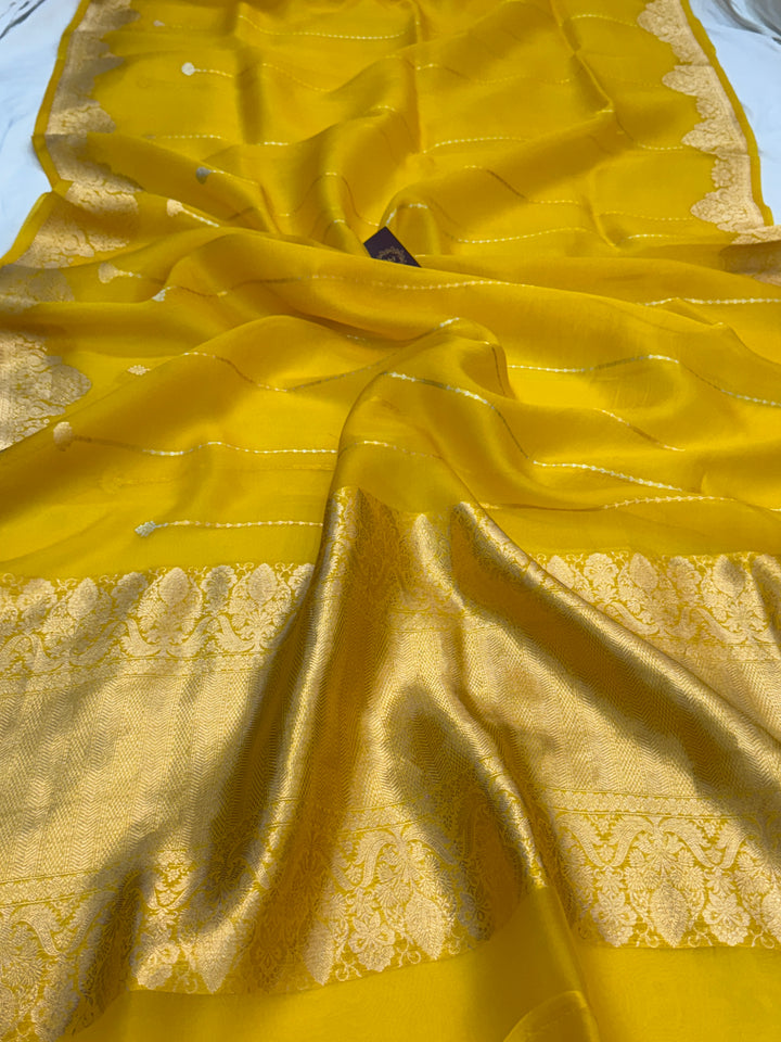 Yellow Pure Kora Silk Handloom Banarasi Saree