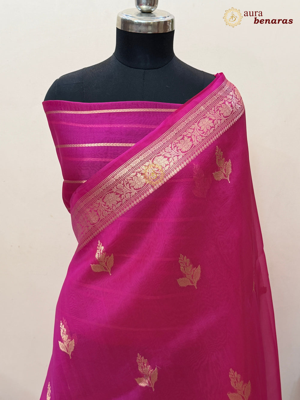 Hot Pink Banarasi Kora Organza Saree with Gold Zari Work