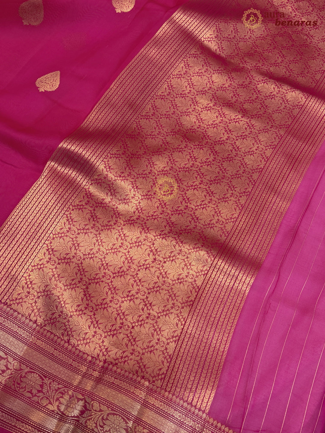 Hot Pink Banarasi Kora Organza Saree with Gold Zari Work
