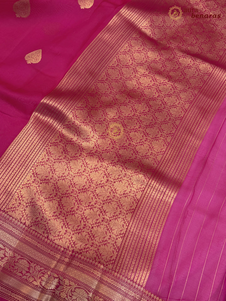 Hot Pink Banarasi Kora Organza Saree with Gold Zari Work