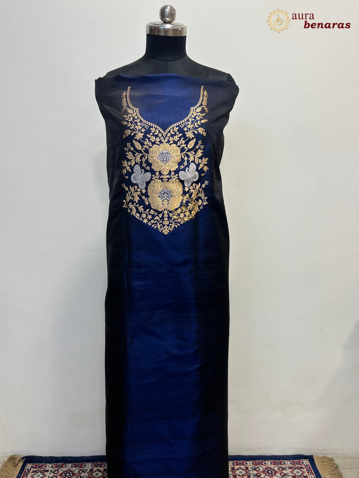 Navy Blue Pure Mashru Silk Co-ord Set | Zari Neck & Border