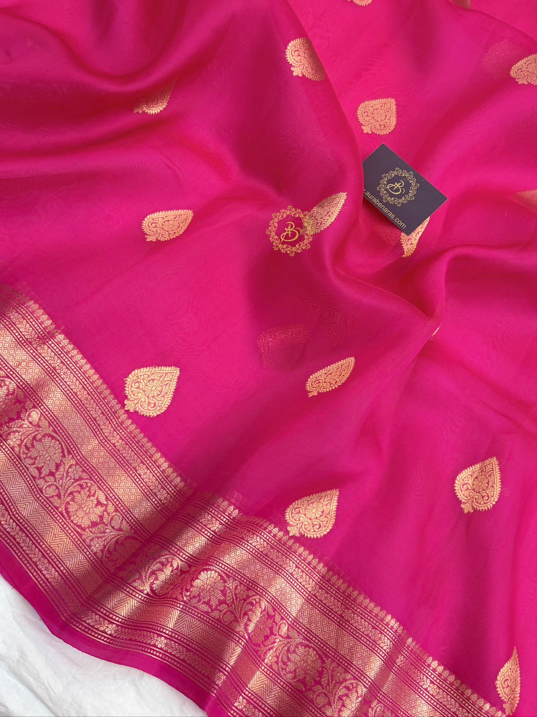 Hot Pink Banarasi Kora Organza Saree with Gold Zari Work