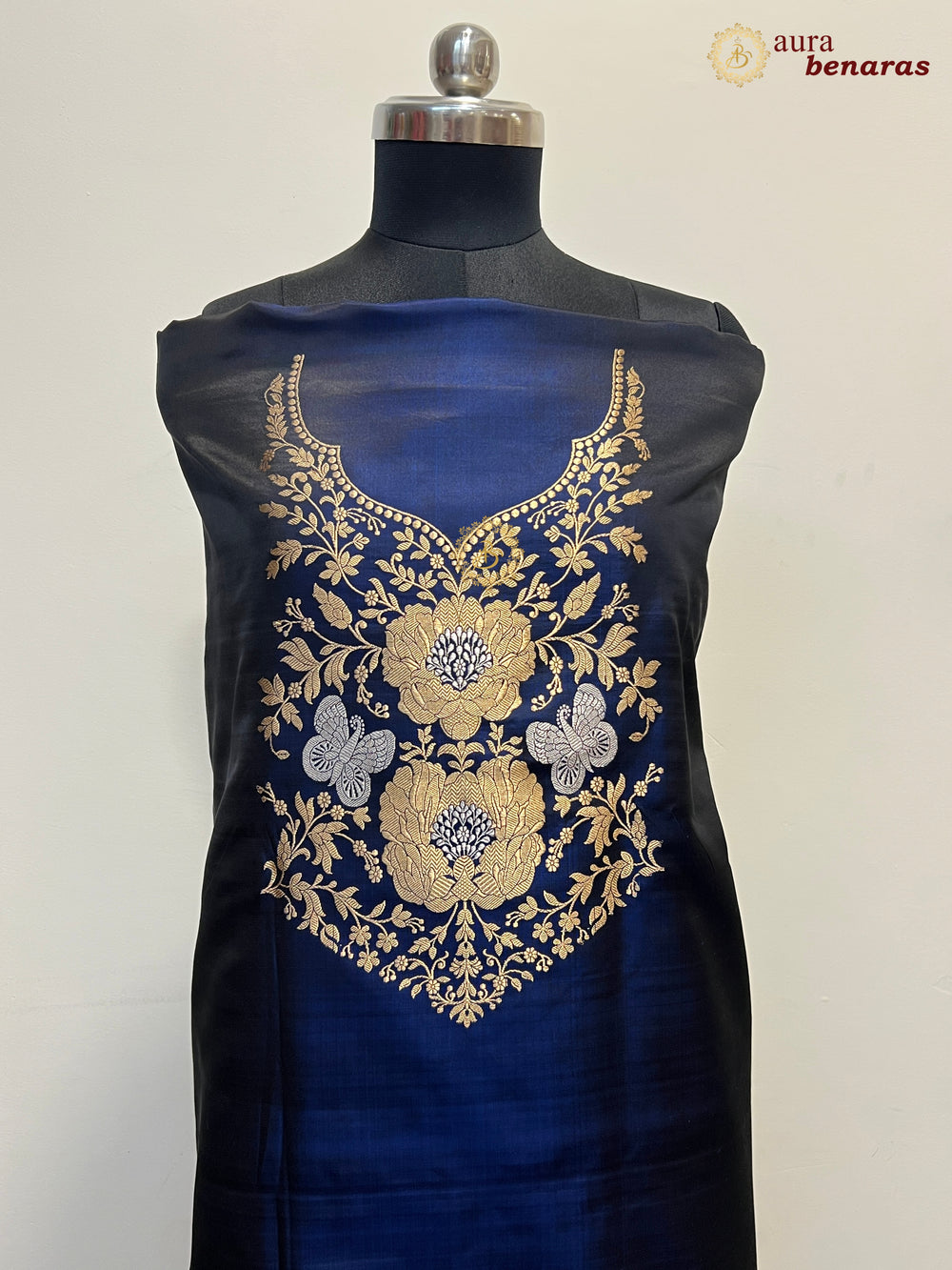 Navy Blue Pure Mashru Silk Co-ord Set | Zari Neck & Border