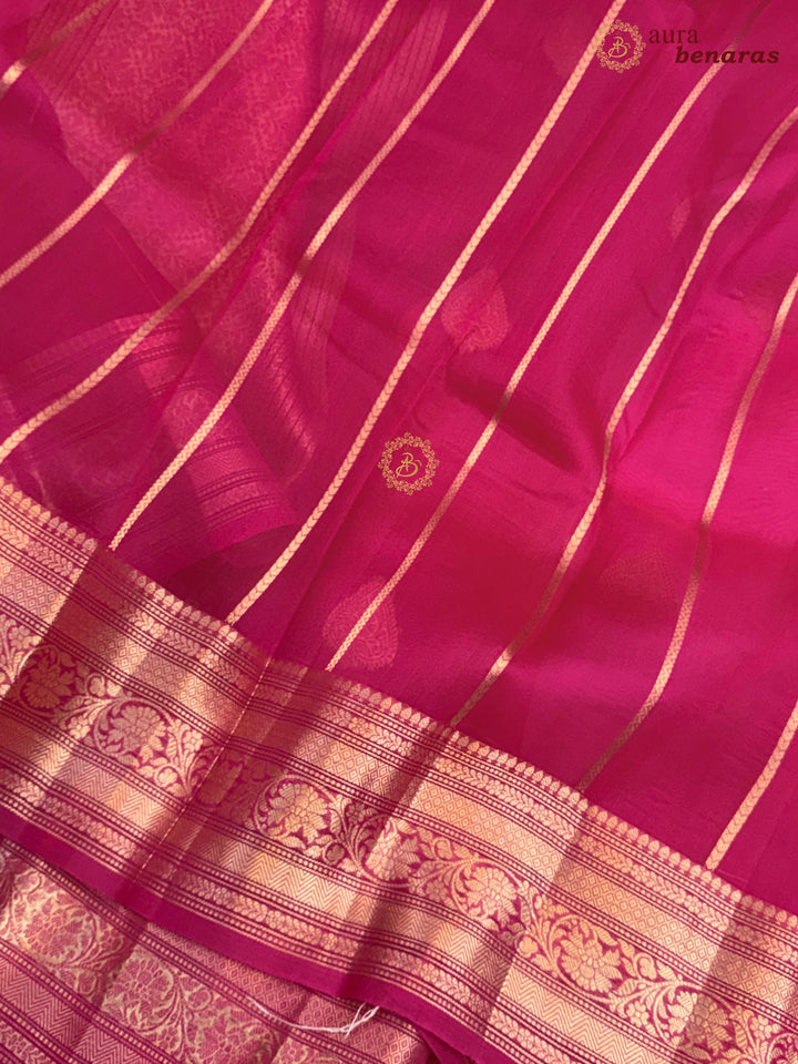 Hot Pink Banarasi Kora Organza Saree with Gold Zari Work