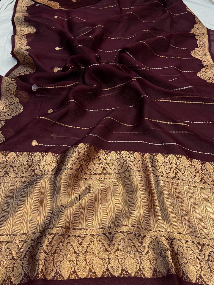 Maroon Pure Kora Silk Handloom Banarasi Saree