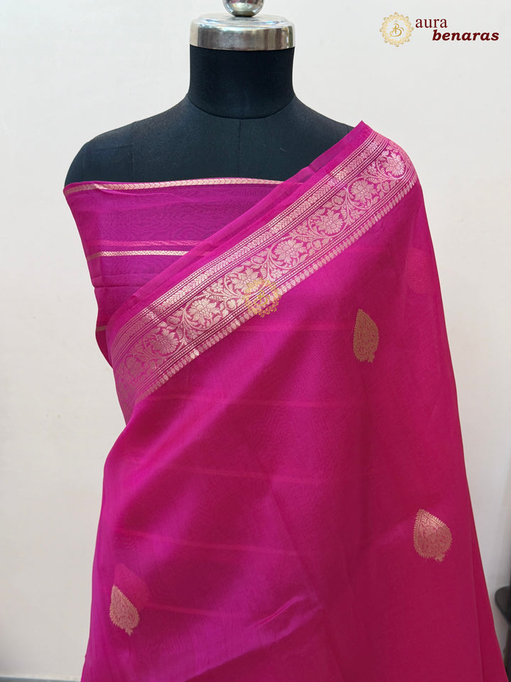 Hot Pink Banarasi Kora Organza Saree with Gold Zari Work