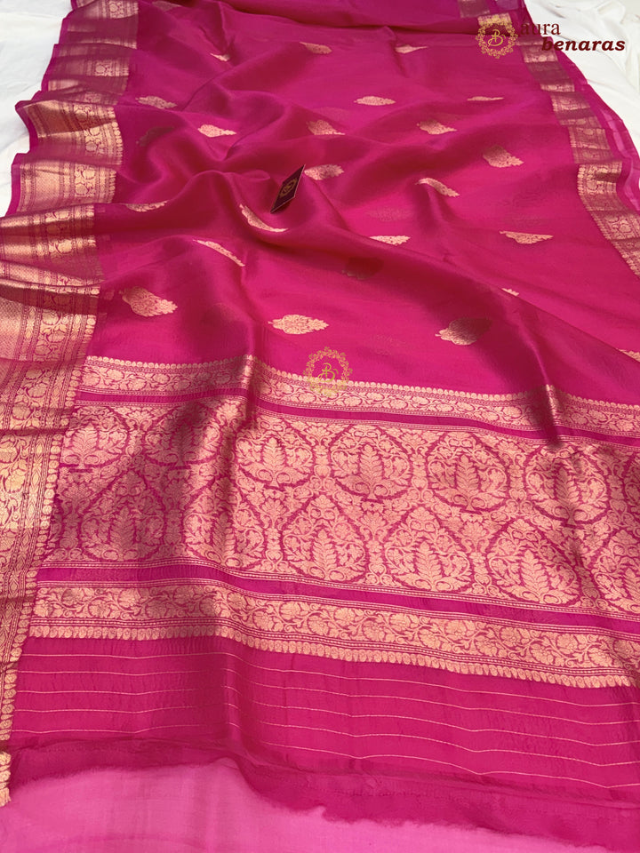 Hot Pink Banarasi Kora Organza Saree with Gold Zari Work