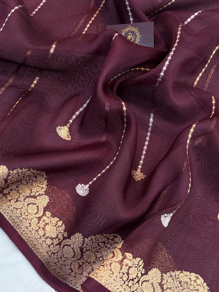 Maroon Pure Kora Silk Handloom Banarasi Saree