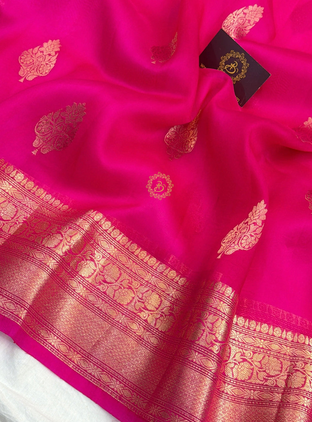 Hot Pink Banarasi Kora Organza Saree with Gold Zari Work