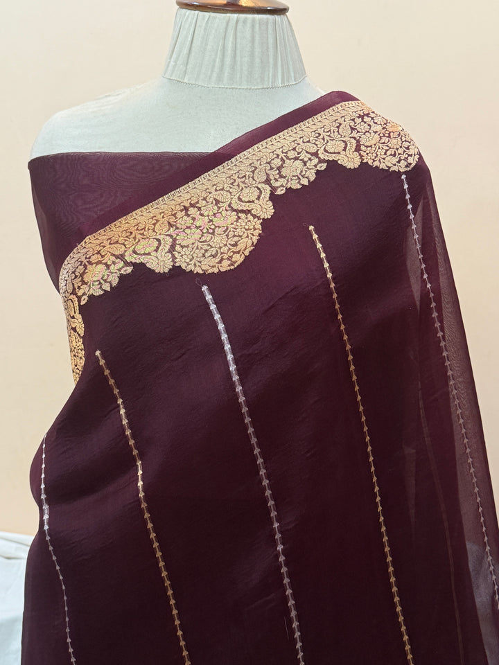 Maroon Pure Kora Silk Handloom Banarasi Saree