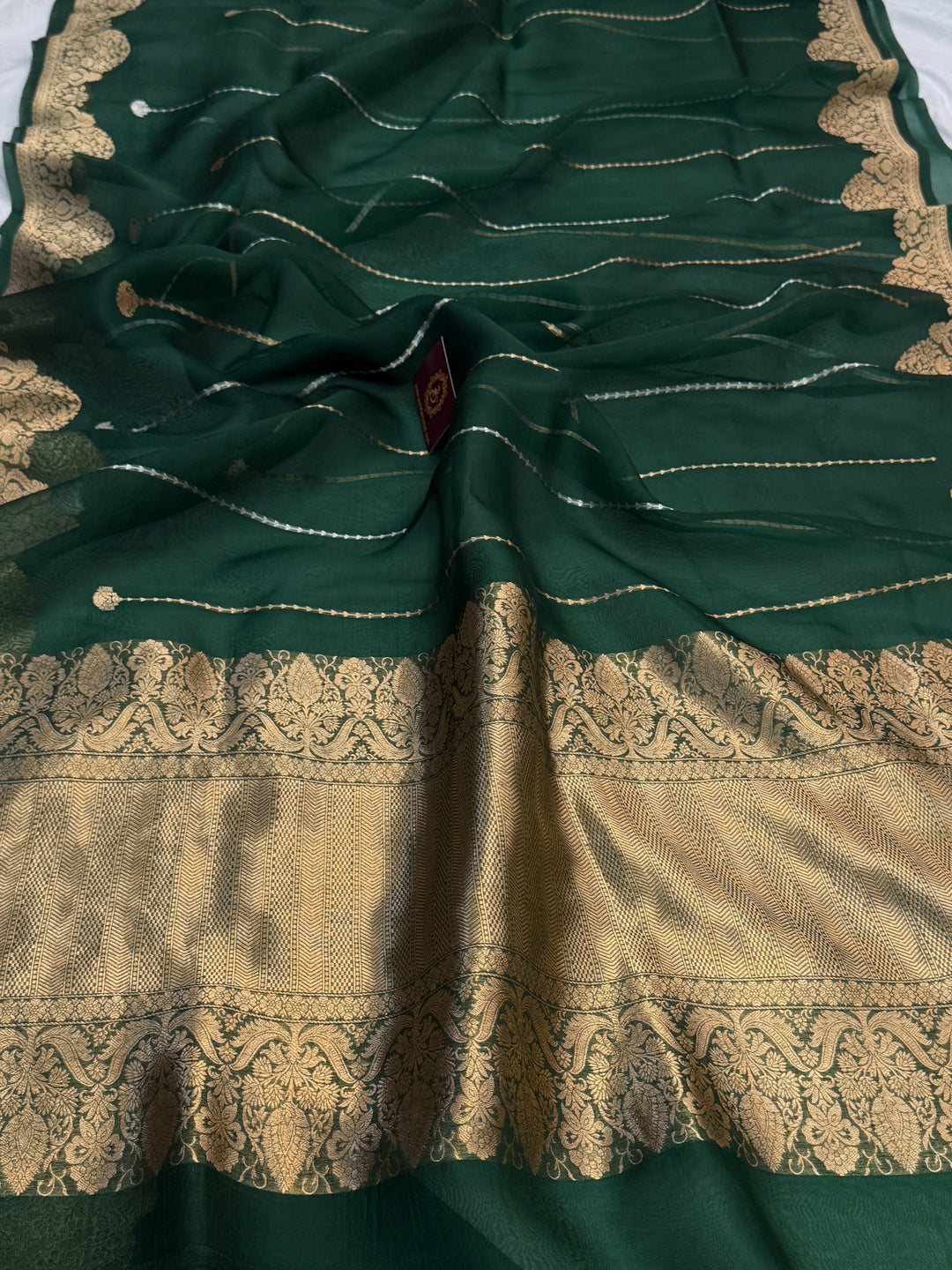 Bottle Green Pure Kora Silk Handloom Banarasi Saree
