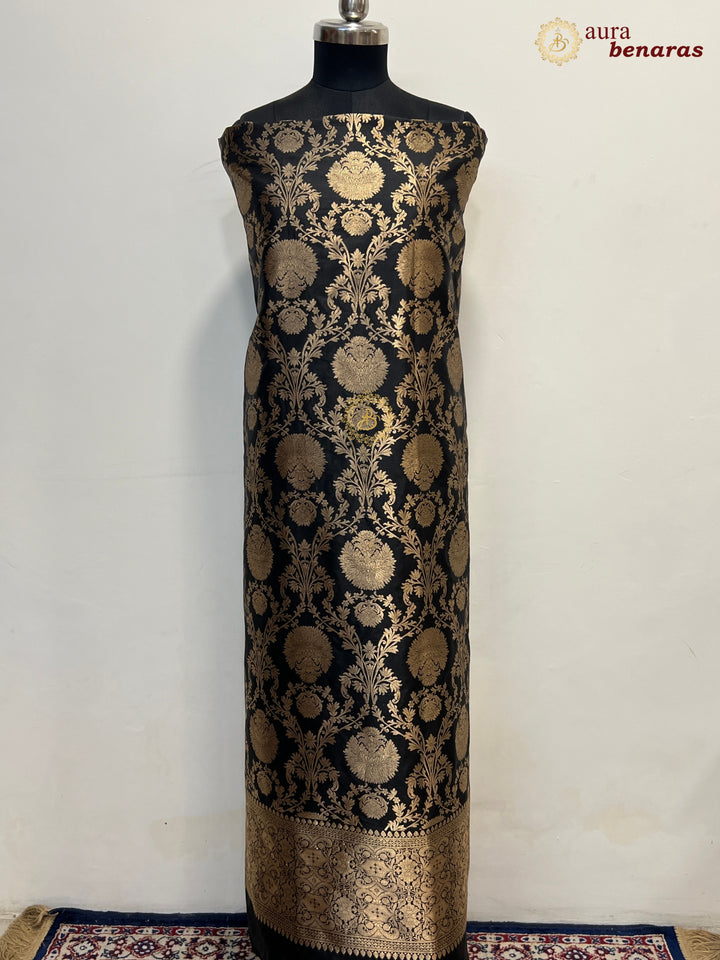  Black Pure Banarasi Katan Silk Kurta with Floral Jaal