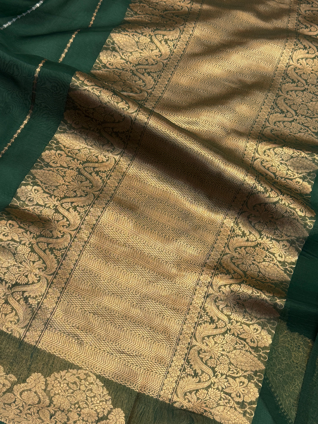 Bottle Green Pure Kora Silk Handloom Banarasi Saree